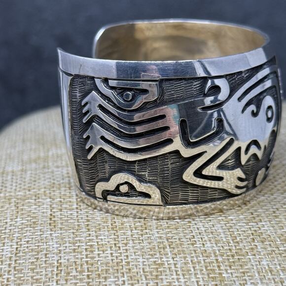 Vintage Heavy Mexico 925 Sterling Silver Monkey Tribal Cuff Bracelet 72 Grams - Picture 12 of 15
